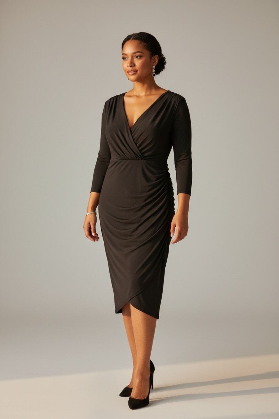 Lauren Ralph Lauren Dress 16 Black Ruched Surplice V Neck Stretch Jersey Lined